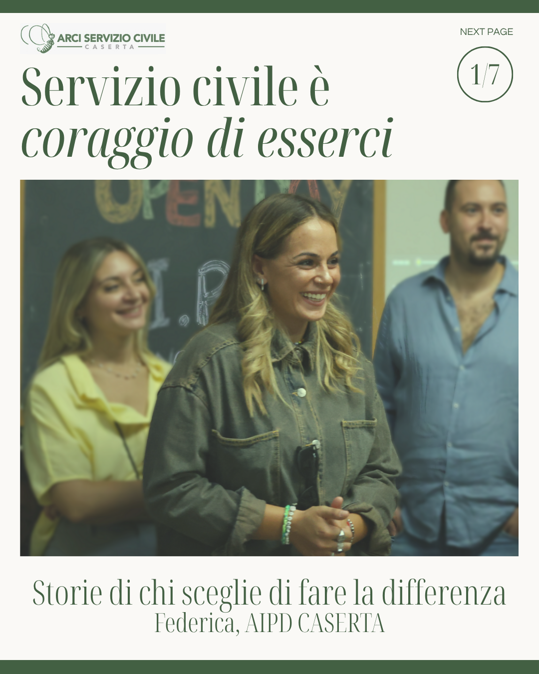 Il servizio civile è coraggio di esserci. Foto di una volontaria, Federica, che ride.